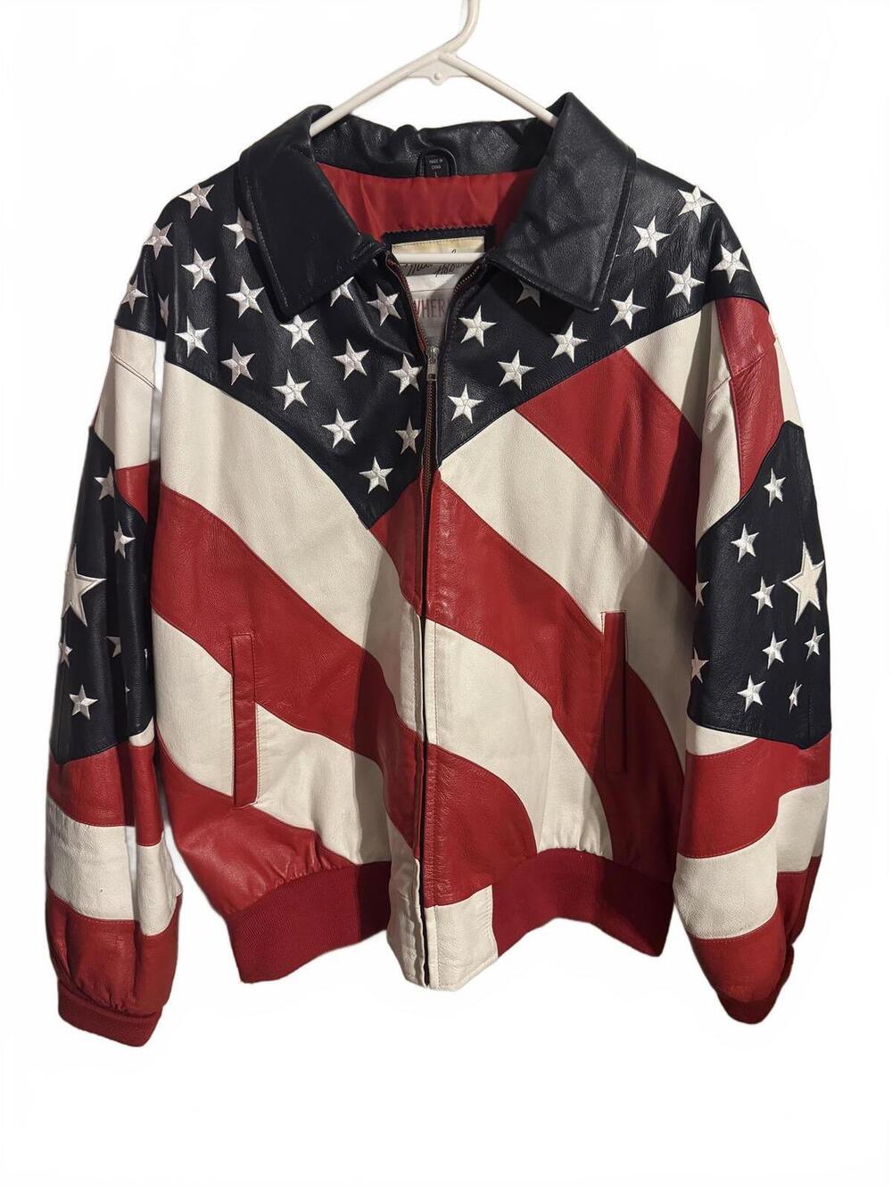 Vintage Michael Hoban WhereMi Leather Jacket with American Flag Design